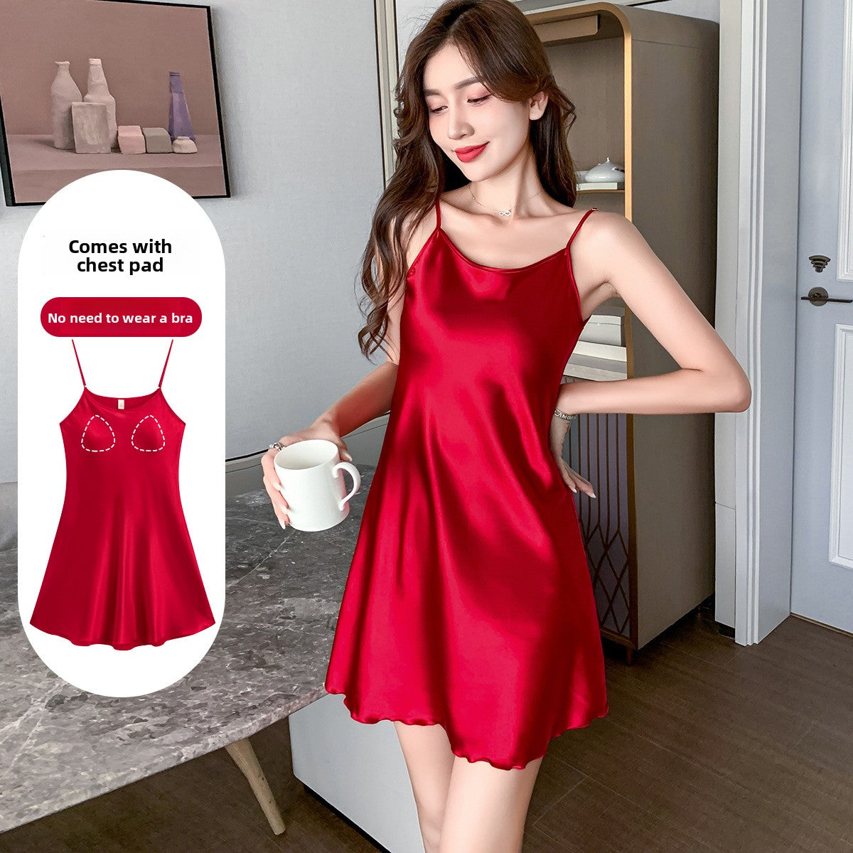 Women Ice Silk Sling Nightgown with Chest Pad Cool Summer Pajamas