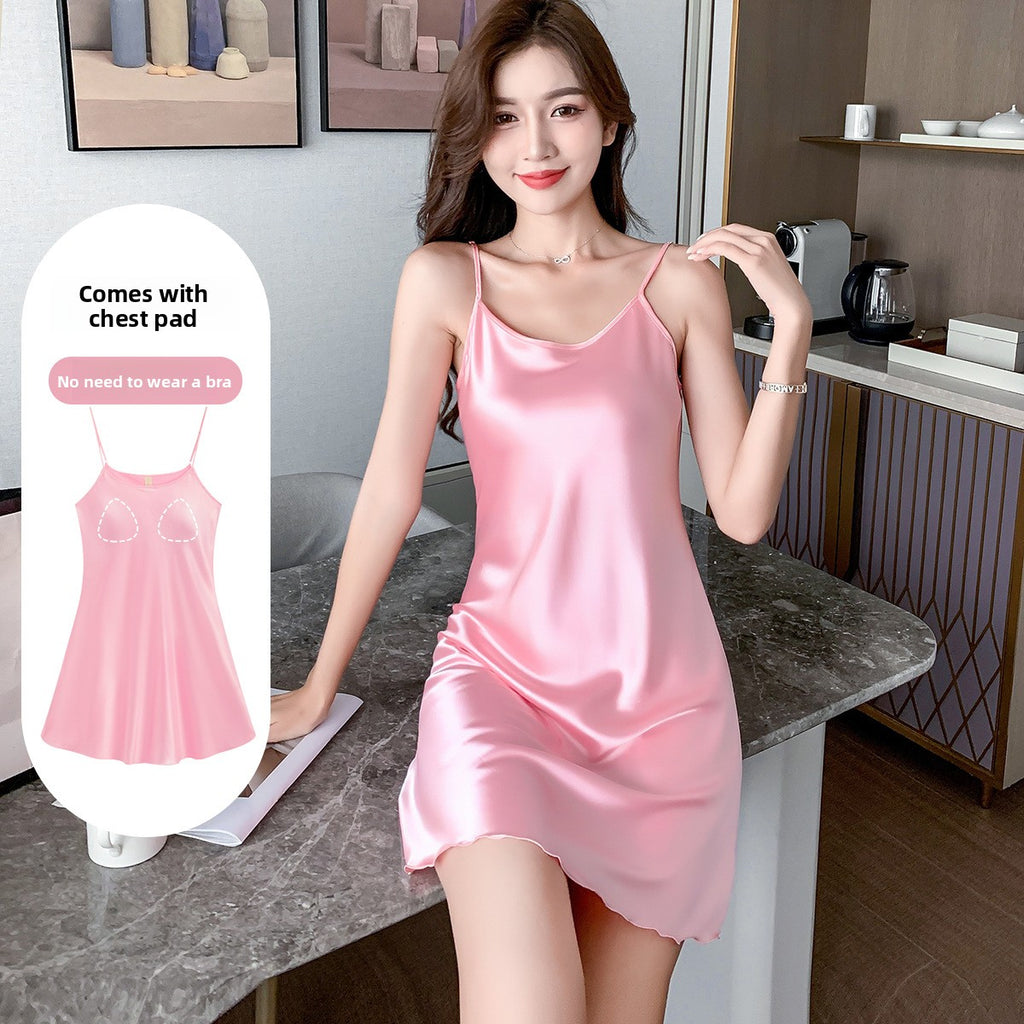 Women Ice Silk Sling Nightgown with Chest Pad Cool Summer Pajamas