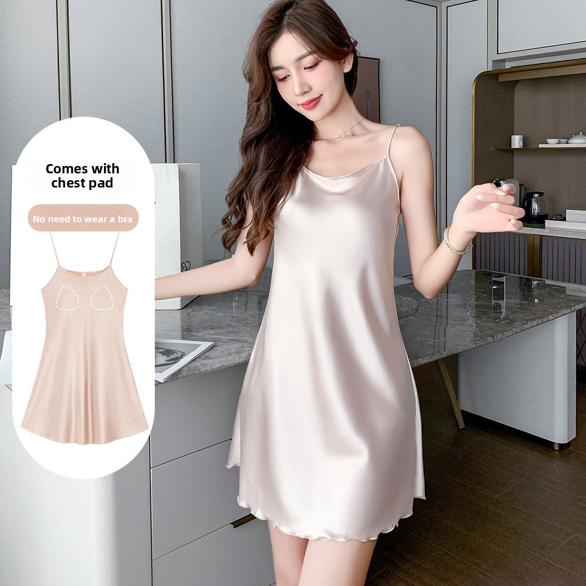Women Ice Silk Sling Nightgown with Chest Pad Cool Summer Pajamas