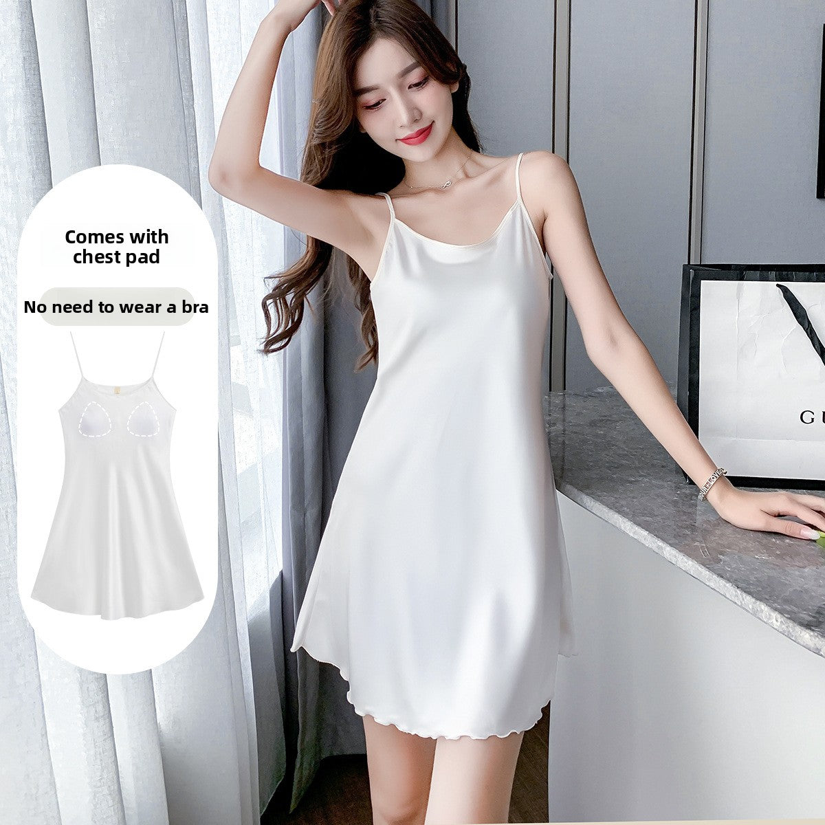 Women Ice Silk Sling Nightgown with Chest Pad Cool Summer Pajamas